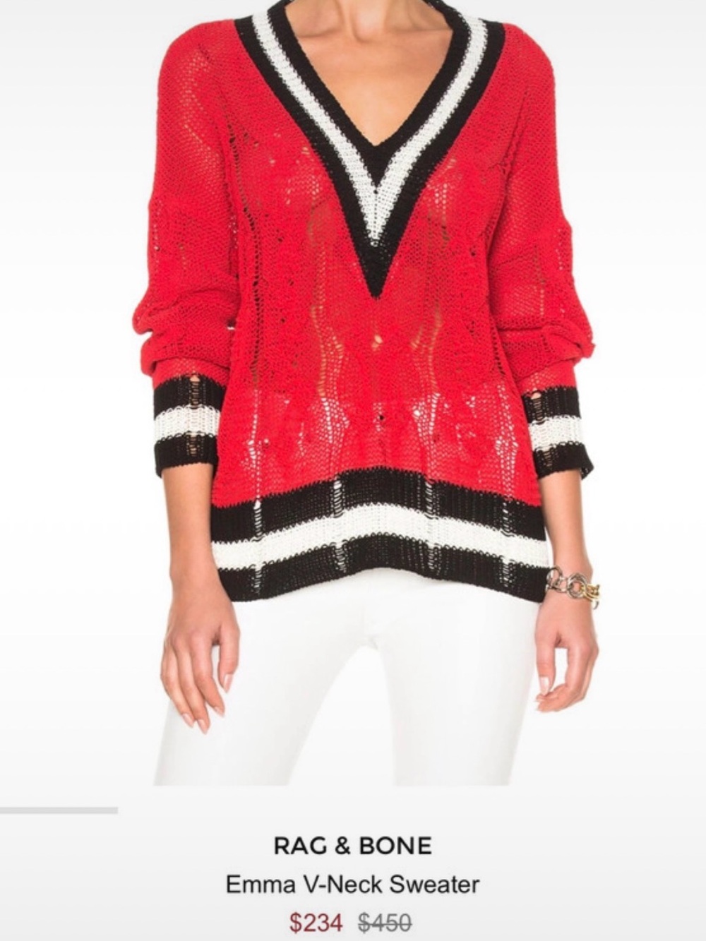 rag & bone Emma Red Open-Knit V-Neck varsity Sweater with Black & White Trim